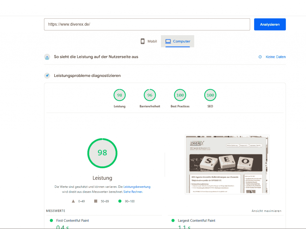 DIVEREX UG Chemnitz - der Google PageSpeed Insights Score - SEO Coaching und Webseitenoptimierung